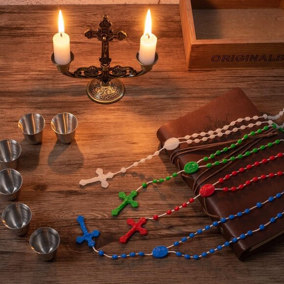 Bulk Catholic Rosaries Pack of 100, 17 Inch Assorted Plastic Beads in Blue, Red, - Picture 3 of 6